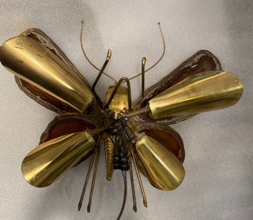 1970 Butterfly Wall Lamp in Bronze or Brass, Duval Brasseur Or Isabelle Faure, 4 Bulbs, Agate Wings: 33 X H 28 cm - Image 4