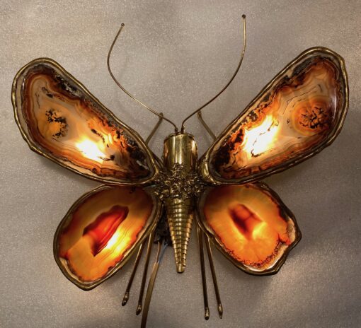1970 Butterfly Wall Lamp in Bronze or Brass, Duval Brasseur Or Isabelle Faure, 4 Bulbs, Agate Wings: 33 X H 28 cm - Image 2