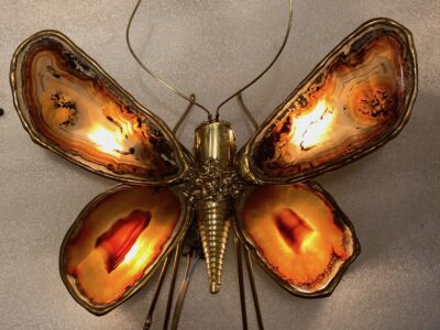 1970 Butterfly Wall Lamp in Bronze or Brass, Duval Brasseur Or Isabelle Faure, 4 Bulbs, Agate Wings: 33 X H 28 cm