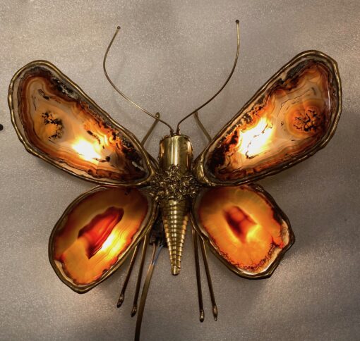 1970 Butterfly Wall Lamp in Bronze or Brass, Duval Brasseur Or Isabelle Faure, 4 Bulbs, Agate Wings: 33 X H 28 cm