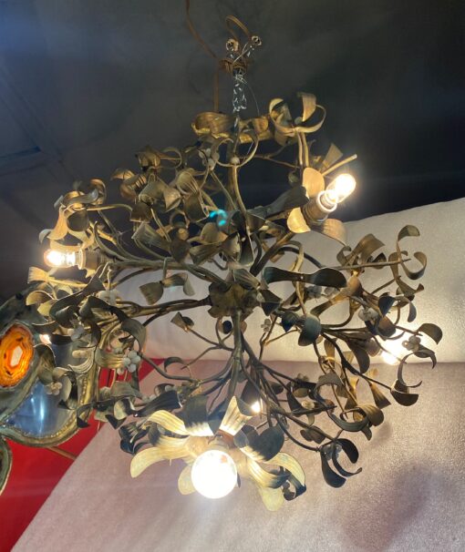 1900′ Lustre Boule de Gui en Bronze Art Nouveau à 6 Ampoules ∅ 50 cm H 60 cm