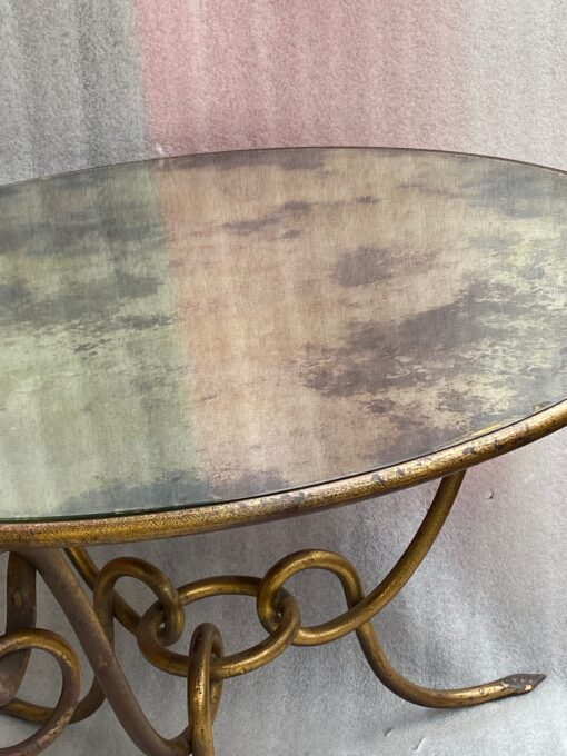 1940′ Table Basse En Fer Battu Doré Avec Entrelacs René Drouet Ø 90 H 53 cm Ou  René Prou Pour Maison Franck Anvers – Image 4