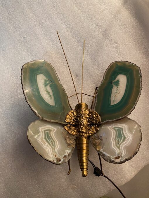 1970’Applique Papillon en Bronze ou Laiton, Duval Brasseur Ou Isabelle Faure, 1 Ampoule, Ailes d’Agate : 30 X H 38 cm