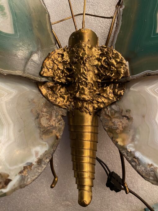 1970’Applique Papillon en Bronze ou Laiton, Duval Brasseur Ou Isabelle Faure, 1 Ampoule, Ailes d’Agate : 30 X H 38 cm – Image 11