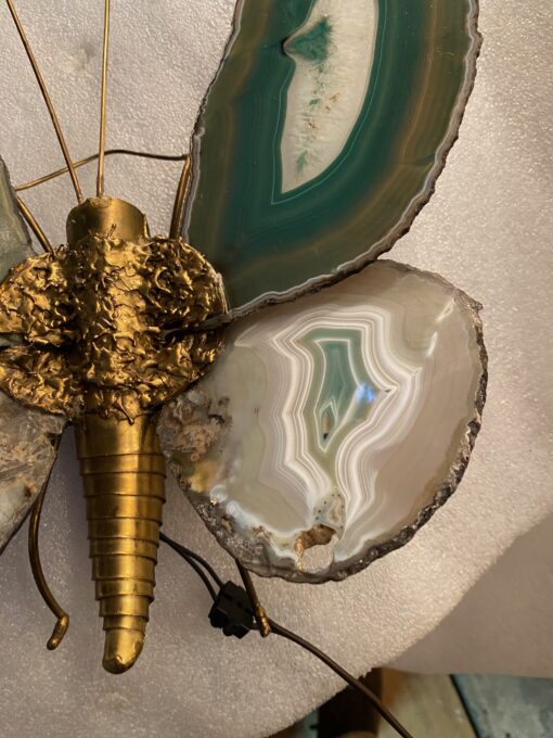 1970’Applique Papillon en Bronze ou Laiton, Duval Brasseur Ou Isabelle Faure, 1 Ampoule, Ailes d’Agate : 30 X H 38 cm – Image 9