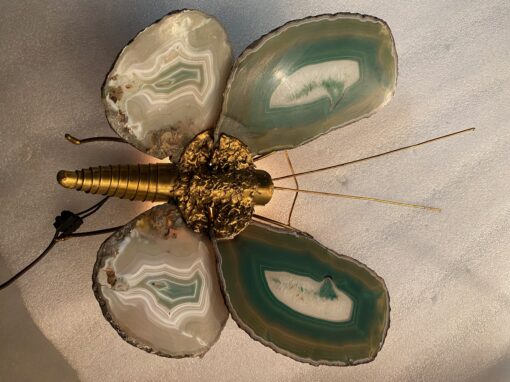 1970’Applique Papillon en Bronze ou Laiton, Duval Brasseur Ou Isabelle Faure, 1 Ampoule, Ailes d’Agate : 30 X H 38 cm – Image 6