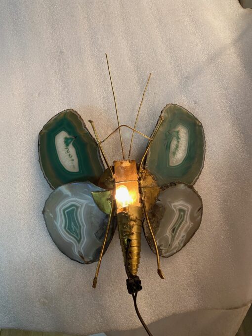 1970’Applique Papillon en Bronze ou Laiton, Duval Brasseur Ou Isabelle Faure, 1 Ampoule, Ailes d’Agate : 30 X H 38 cm – Image 5