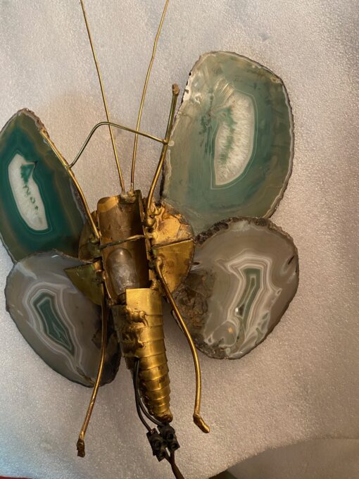 1970’Applique Papillon en Bronze ou Laiton, Duval Brasseur Ou Isabelle Faure, 1 Ampoule, Ailes d’Agate : 30 X H 38 cm – Image 3