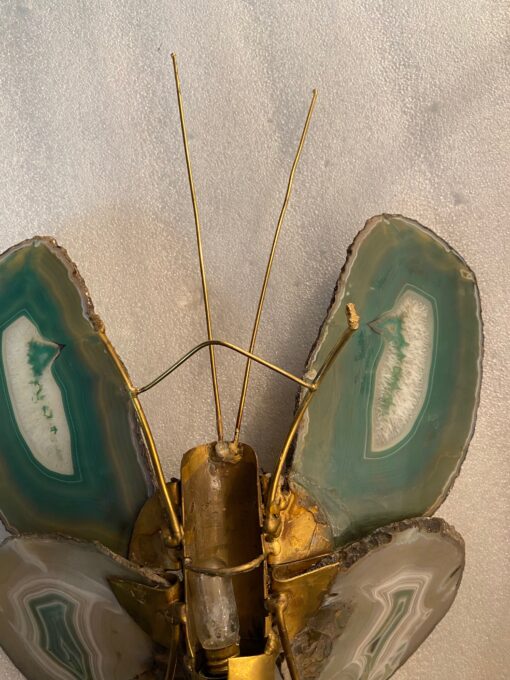 1970’Applique Papillon en Bronze ou Laiton, Duval Brasseur Ou Isabelle Faure, 1 Ampoule, Ailes d’Agate : 30 X H 38 cm – Image 2