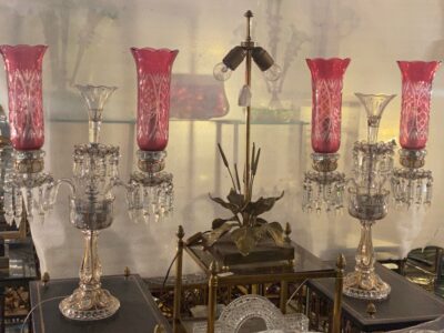 1920′ Pair of Bohemian Crystal Candlesticks 2 Branches Beaded Pedestals H 63 cm