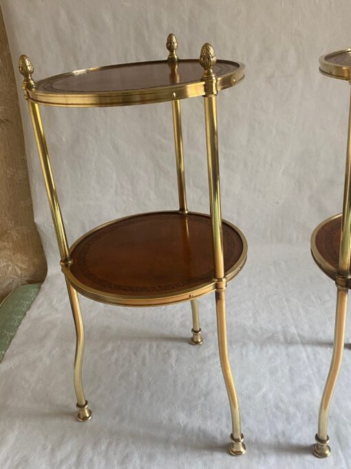 1970′ Pair Of Pedestal Tables Or Round Sellettes Gilt Bronze 2 Trays Sheathed In Leather Maison Jansen, Baguès Or Charles ∅ 35 H 68 cm - Image 14