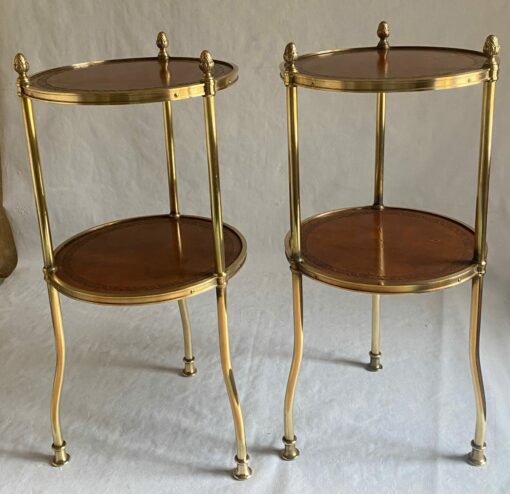 1970′ Paire De Guéridons Ou Sellettes Rondes Bronze Doré 2 Plateaux Gainés De Cuir Maison Jansen, Baguès Ou Charles ∅ 35 H 68 cm