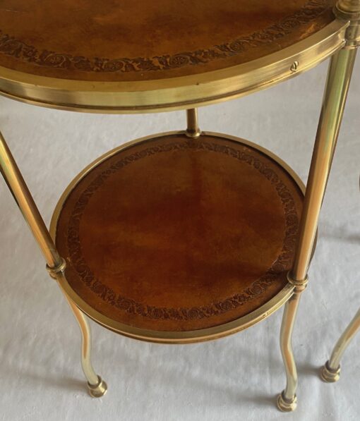 1970′ Pair Of Pedestal Tables Or Round Sellettes Gilt Bronze 2 Trays Sheathed In Leather Maison Jansen, Baguès Or Charles ∅ 35 H 68 cm - Image 7