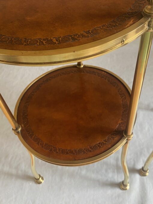 1970′ Pair Of Pedestal Tables Or Round Sellettes Gilt Bronze 2 Trays Sheathed In Leather Maison Jansen, Baguès Or Charles ∅ 35 H 68 cm - Image 6