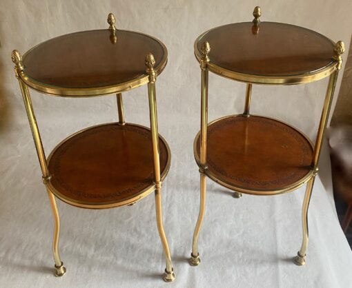 1970′ Pair Of Pedestal Tables Or Round Sellettes Gilt Bronze 2 Trays Sheathed In Leather Maison Jansen, Baguès Or Charles ∅ 35 H 68 cm - Image 5