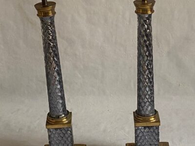 1970′ Pair of Glass Or Smoked Crystal And Gilt Bronze Lamps H 52 cm
