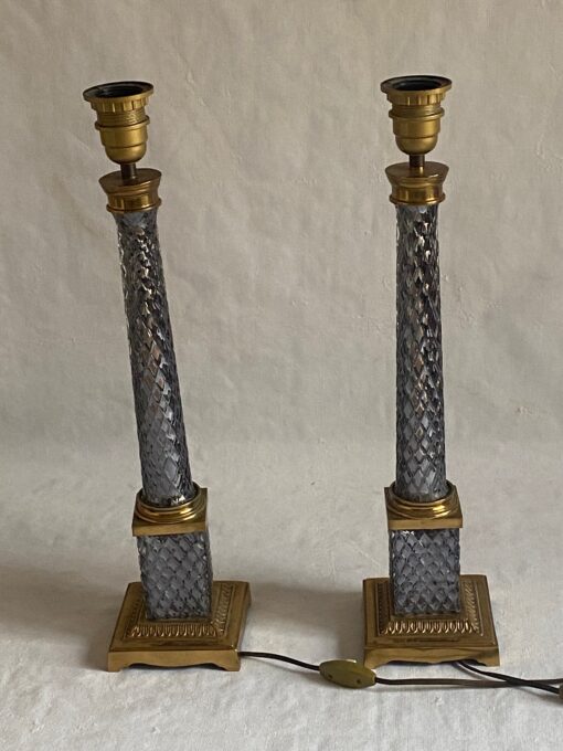 1970′ Pair of Glass Or Smoked Crystal And Gilt Bronze Lamps H 52 cm