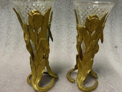 1900' Paire De Pics Fleurs En Bronze Avec Cornets Cristal Pointe De Diamants H 16 cm