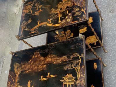 1950′ Pair of Maison Baguès Tables Bamboo Decor in Gilt Bronze With Chinese Lacquer Trays 60 X 40 X H 58 cm