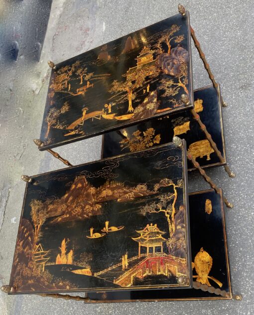 1950′ Pair of Maison Baguès Tables Bamboo Decor in Gilt Bronze With Chinese Lacquer Trays 60 X 40 X H 58 cm