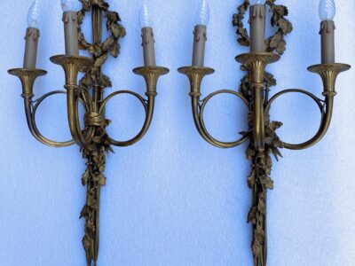 1900′ Pair Of Louis 16 Style Gilt Bronze Sconces With Hunting Horns Signed Jansen