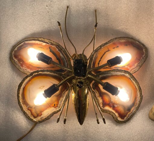 1970’ Couple Of Butterfly Sconces In Bronze Or Brass, Duval Brasseur Or Isabelle Faure, 4 Bulbs, Agate Wings: 33 X H 28 and 38 x H 33 cm - Image 11