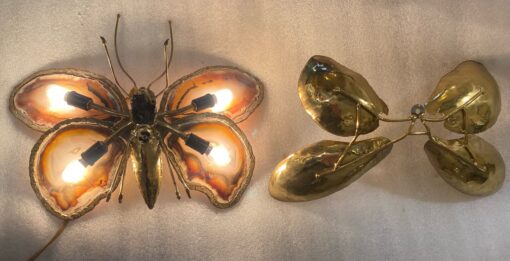 1970’ Couple Of Butterfly Sconces In Bronze Or Brass, Duval Brasseur Or Isabelle Faure, 4 Bulbs, Agate Wings: 33 X H 28 and 38 x H 33 cm - Image 10