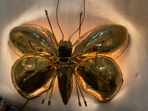 1970’ Couple Of Butterfly Sconces In Bronze Or Brass, Duval Brasseur Or Isabelle Faure, 4 Bulbs, Agate Wings: 33 X H 28 and 38 x H 33 cm - Image 9