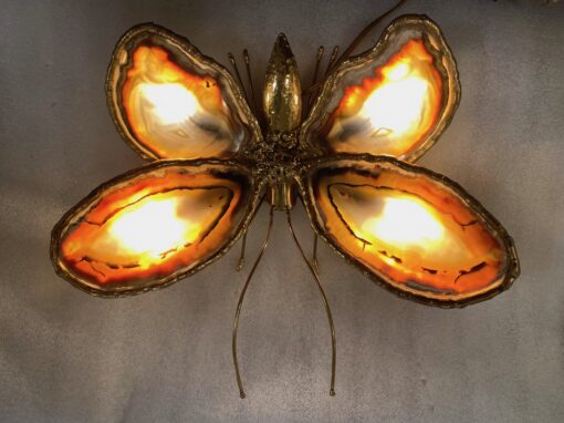1970’ Couple Of Butterfly Sconces In Bronze Or Brass, Duval Brasseur Or Isabelle Faure, 4 Bulbs, Agate Wings: 33 X H 28 and 38 x H 33 cm - Image 7