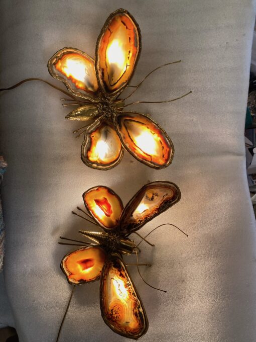1970’ Couple Of Butterfly Sconces In Bronze Or Brass, Duval Brasseur Or Isabelle Faure, 4 Bulbs, Agate Wings: 33 X H 28 and 38 x H 33 cm - Image 6