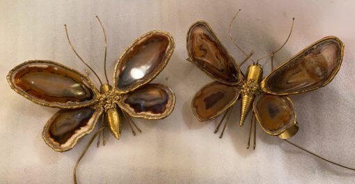 1970’ Couple Of Butterfly Sconces In Bronze Or Brass, Duval Brasseur Or Isabelle Faure, 4 Bulbs, Agate Wings: 33 X H 28 and 38 x H 33 cm - Image 3