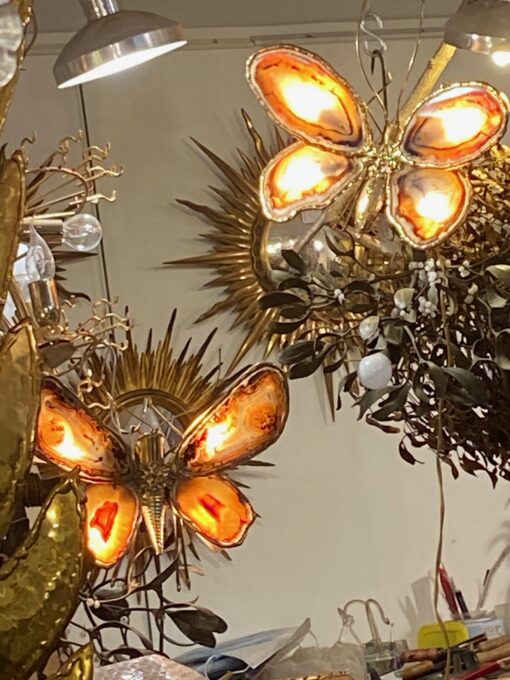 1970’ Couple Of Butterfly Sconces In Bronze Or Brass, Duval Brasseur Or Isabelle Faure, 4 Bulbs, Agate Wings: 33 X H 28 and 38 x H 33 cm - Image 12