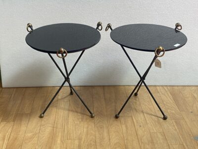 1940/50′ Pair Or Similar Wrought Iron And Brass Pedestal Tables Jacques Adnet Style Diameter 50 cm