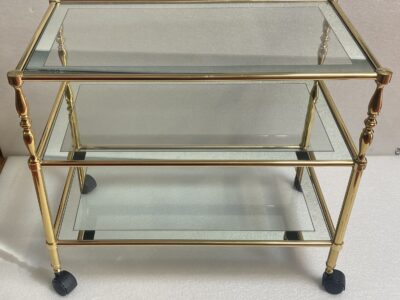 1970' Trolley on Wheels in Golden Brass and Glass With Surrounding Maison Jansen Mirror