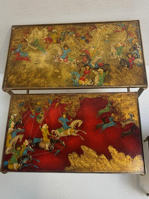 1950′ Series Of 3 Nesting Tables With Mongol Warrior Paintings Maison Baguès In Gilt Bronze, 3 Trays - Image 12