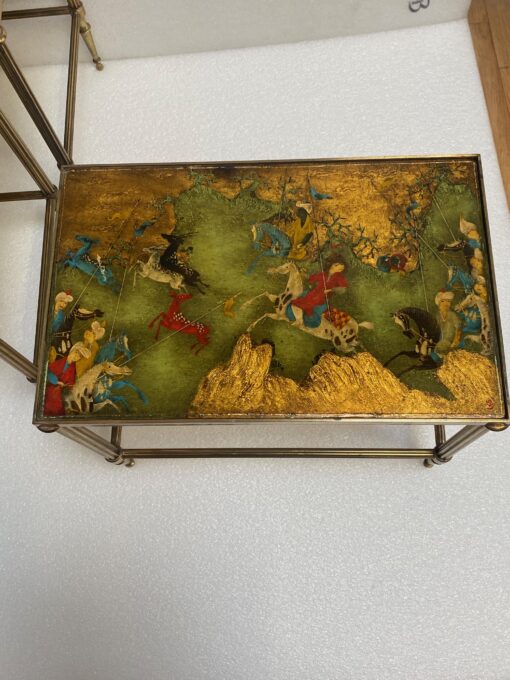1950′ Series Of 3 Nesting Tables With Mongol Warrior Paintings Maison Baguès In Gilt Bronze, 3 Trays - Image 11
