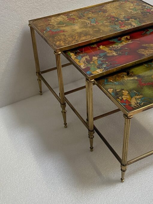 1950′ Series Of 3 Nesting Tables With Mongol Warrior Paintings Maison Baguès In Gilt Bronze, 3 Trays - Image 8