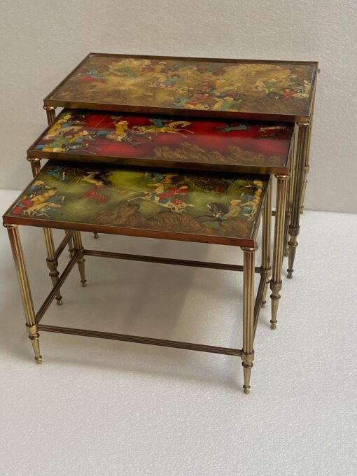1950′ Series Of 3 Nesting Tables With Mongol Warrior Paintings Maison Baguès In Gilt Bronze, 3 Trays - Image 6