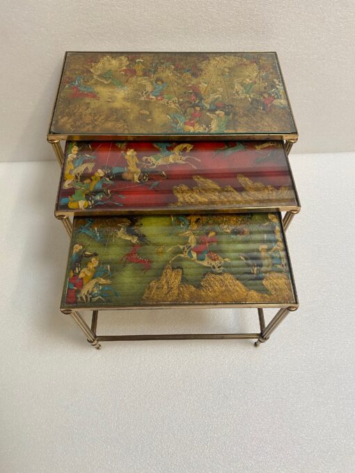 1950′ Series Of 3 Nesting Tables With Mongol Warrior Paintings Maison Baguès In Gilt Bronze, 3 Trays - Image 5