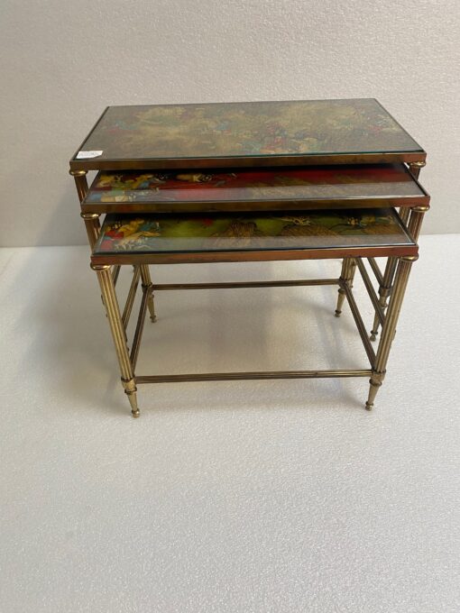 1950′ Series Of 3 Nesting Tables With Mongol Warrior Paintings Maison Baguès In Gilt Bronze, 3 Trays - Image 2