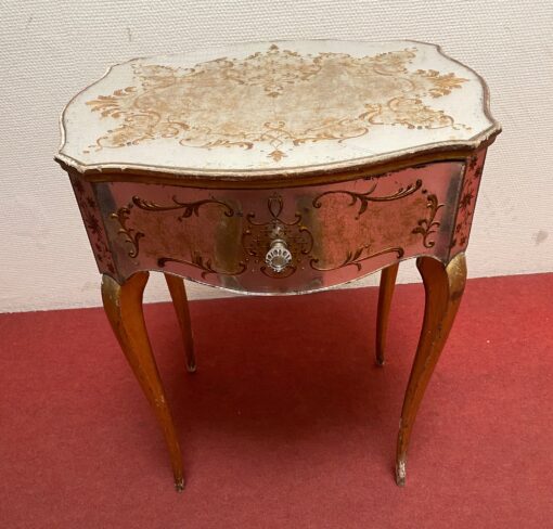 1950′ Commode Arbalète 1 Tiroir Bois Doré Et Metacrylate Eglomise Maison Bagués  48 X 41 X H 58 cm – Image 4