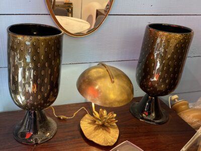 1970′ Pair of Black and Gold Murano Crystal Lamps Attributed to Toso H 56 cm