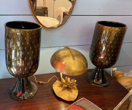 1970′ Pair of Black and Gold Murano Crystal Lamps Attributed to Toso H 56 cm