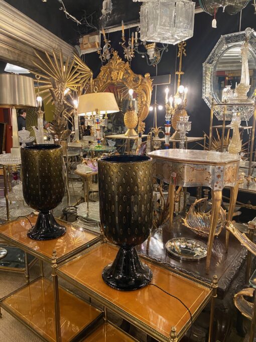 1970′ Pair of Black and Gold Murano Crystal Lamps Attributed to Toso H 56 cm - Image 3