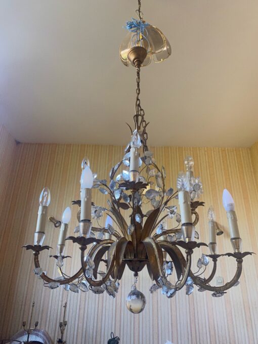1950/70 Chandelier Maison Baguès Foliage And Flowers 12 Lights Ø 80 H 82 + 50 cm