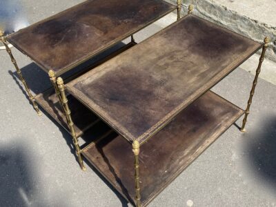 1970′ Pair Of Side Tables At 2 Levels Maison Baguès Vintage Leather Trays 73 X 42 H 46 cm