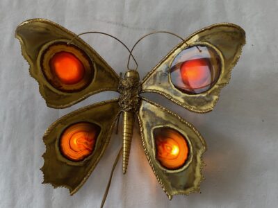 1970’ Bronze or Brass Butterfly Wall Lamp, Duval Brasseur Or Isabelle Faure, 4 Bulbs, Agate Wings: 40 x H 33 cm