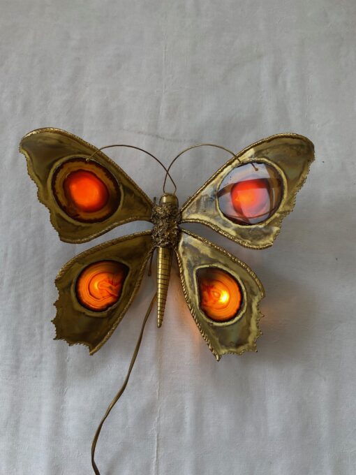 1970’ Bronze or Brass Butterfly Wall Lamp, Duval Brasseur Or Isabelle Faure, 4 Bulbs, Agate Wings: 40 x H 33 cm