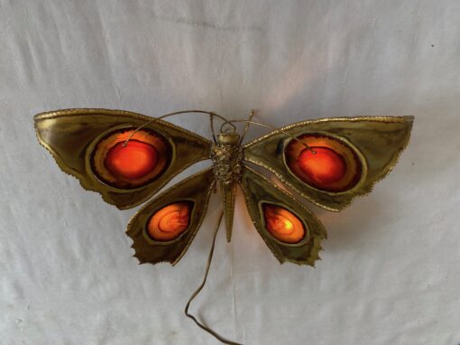1970’ Bronze or Brass Butterfly Wall Lamp, Duval Brasseur Or Isabelle Faure, 4 Bulbs, Agate Wings: 40 x H 33 cm - Image 12