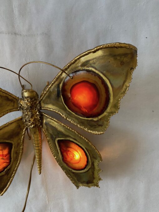 1970’ Bronze or Brass Butterfly Wall Lamp, Duval Brasseur Or Isabelle Faure, 4 Bulbs, Agate Wings: 40 x H 33 cm - Image 11